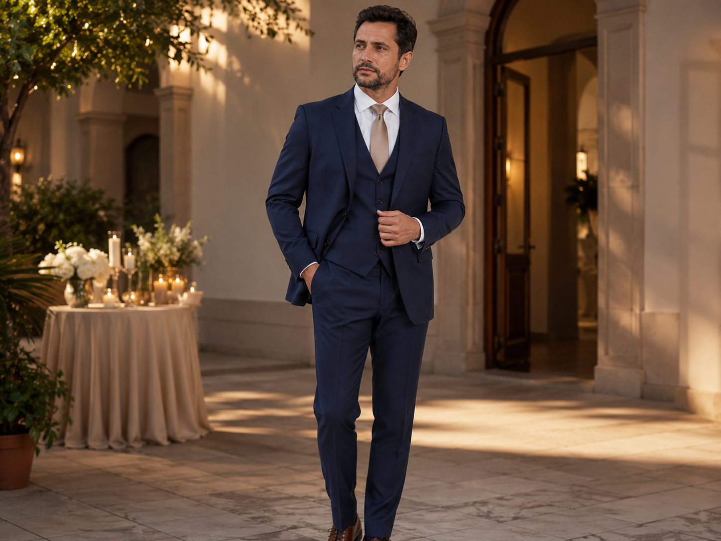 Homem usando terno azul com colete em ambiente de evento, representando trajes para casamentos e formaturas.