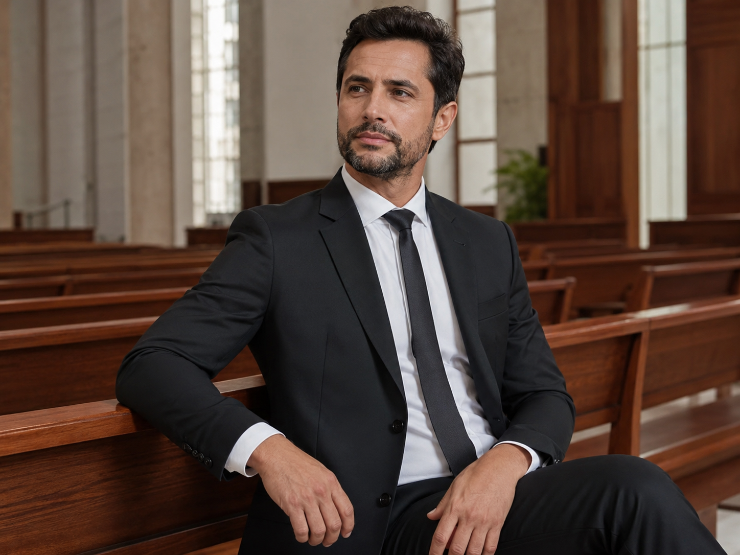 Homem usando terno preto em ambiente religioso, representando a moda social evangélica da Senhor Reis.