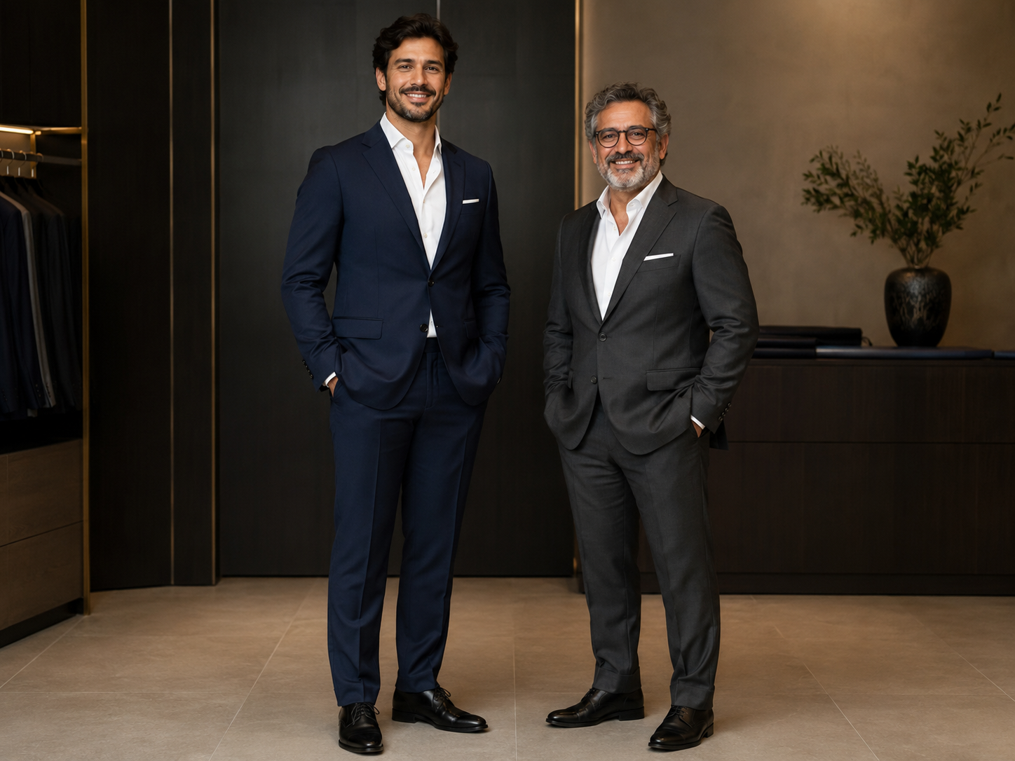 Dois homens de diferentes idades e biotipos usando ternos bem ajustados.