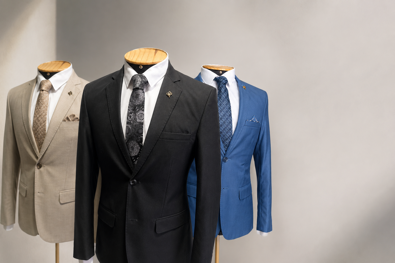 Três ternos masculinos em manequins nas cores bege, preto e azul apresentados pela Senhor Reis Ternos.