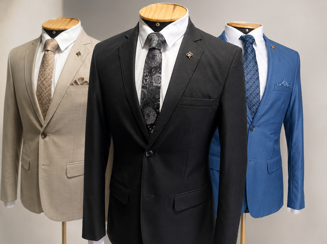 Três ternos masculinos em manequins nas cores bege, preto e azul apresentados pela Senhor Reis Ternos.