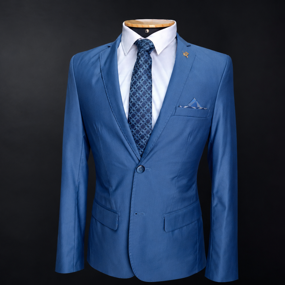 Terno azul masculino com camisa branca, gravata estampada e lenço de bolso da Senhor Reis Ternos.